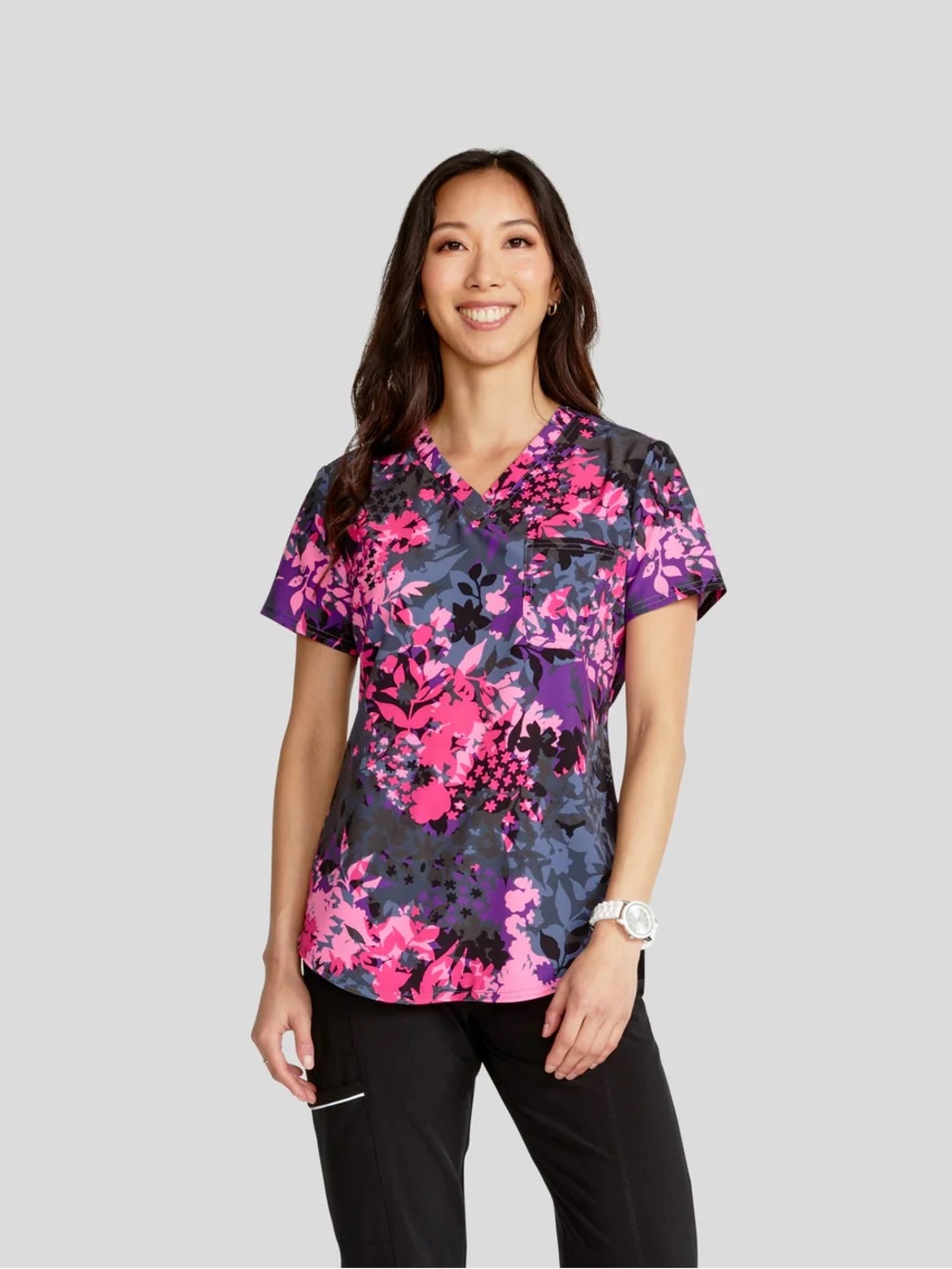 Cherokee V-Neck Floral Scrub Top in Pink and Purple